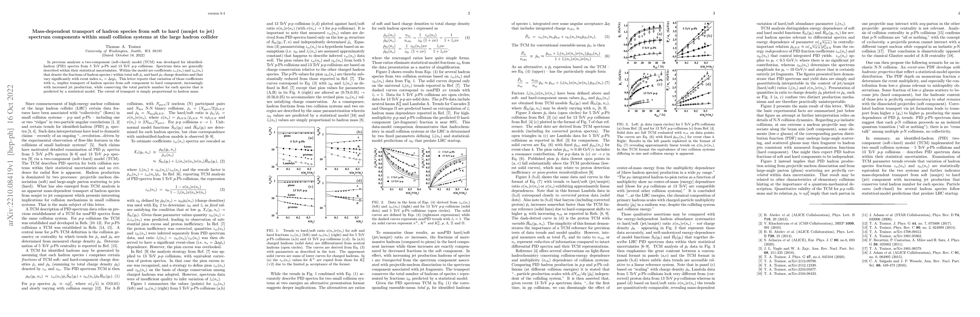 Thumbnail for Mass-dependent transport of hadron species from soft to hard (nonjet to
  jet) spectrum components within small collision systems at the large hadron
  collider