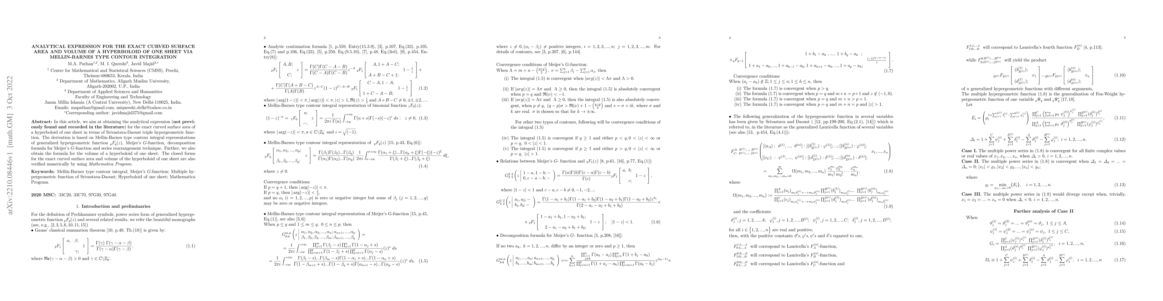 Thumbnail for Analytical expression for the exact curved surface area and volume of a
  hyperboloid of one sheet via Mellin-Barnes type contour integration