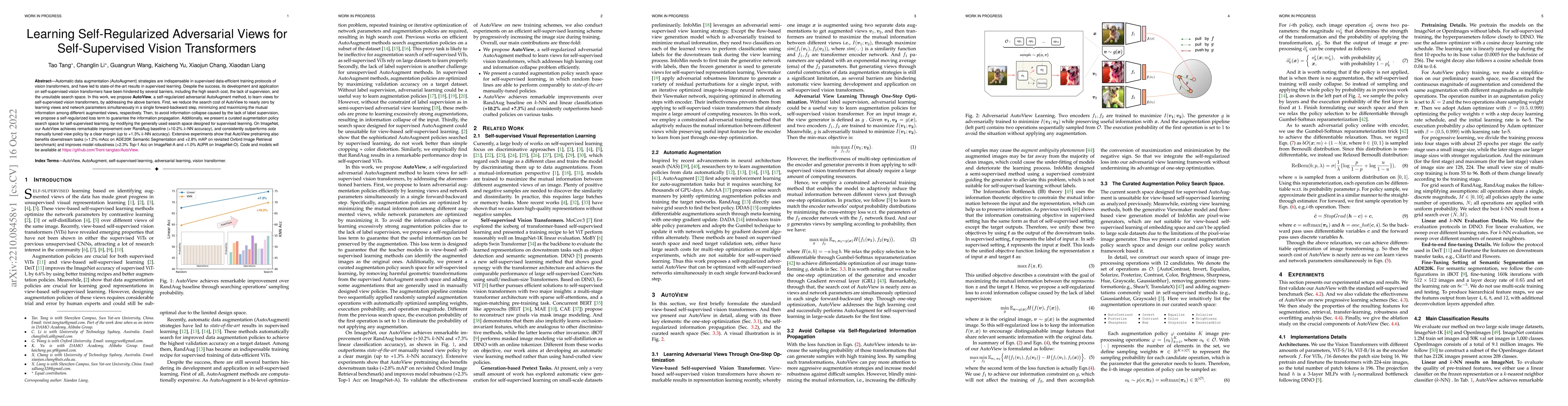 Thumbnail for Learning Self-Regularized Adversarial Views for Self-Supervised Vision
  Transformers