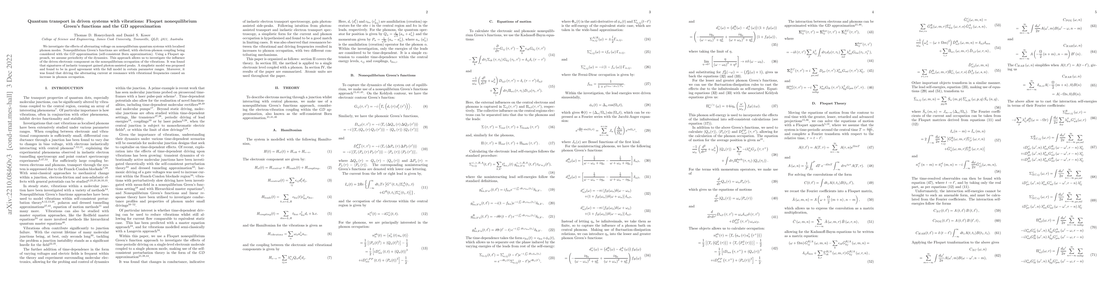 Thumbnail for Quantum transport in driven systems with vibrations: Floquet
  nonequilibrium Green's functions and the GD approximation