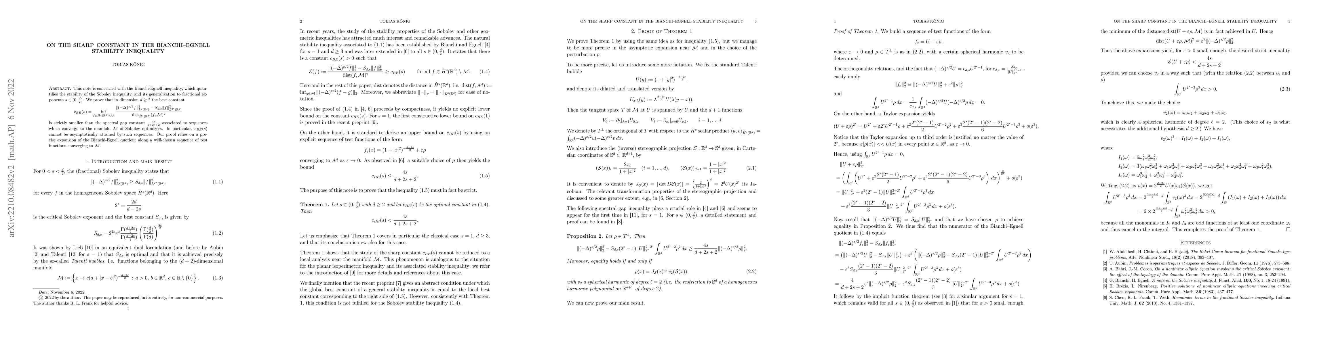 Thumbnail for On the sharp constant in the Bianchi-Egnell stability inequality