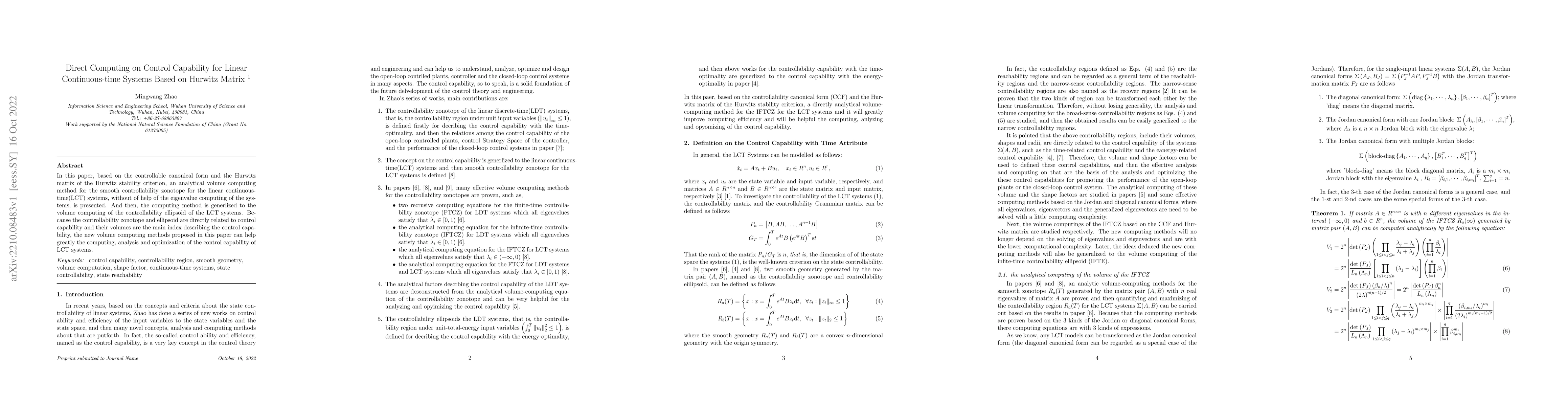 Thumbnail for Direct Computing on Control Capability for Linear Continuous-time
  Systems Based on Hurwitz Matrix