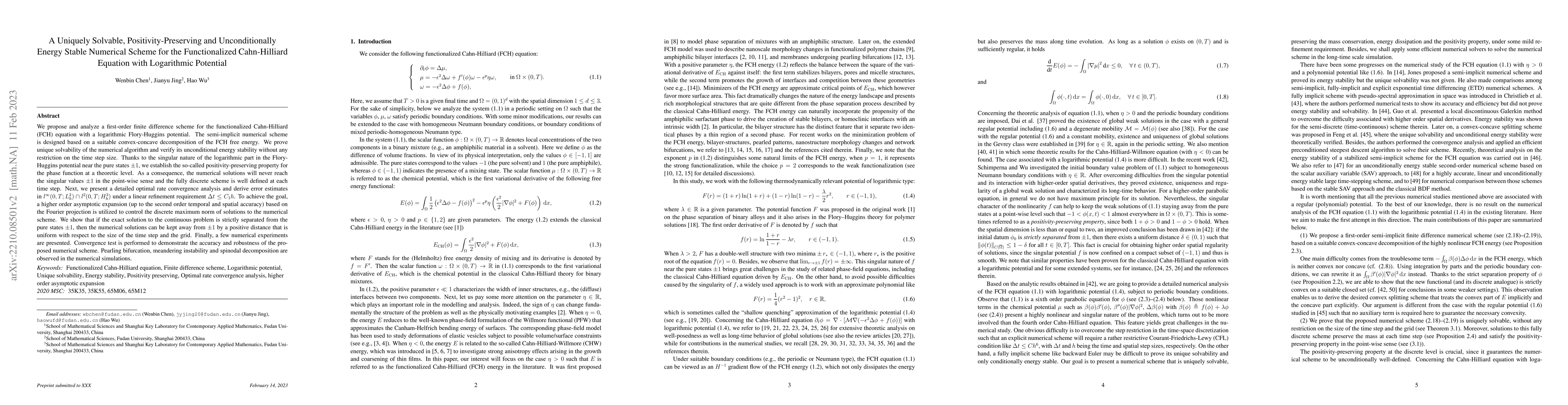 Thumbnail for A Uniquely Solvable, Positivity-Preserving and Unconditionally Energy
  Stable Numerical Scheme for the Functionalized Cahn-Hilliard Equation with
  Logarithmic Potential