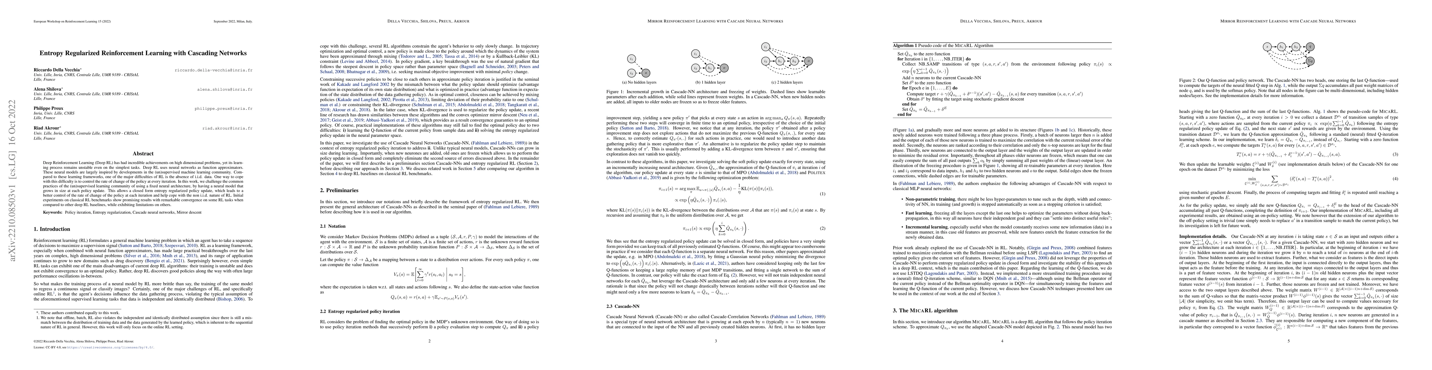 Thumbnail for Entropy Regularized Reinforcement Learning with Cascading Networks