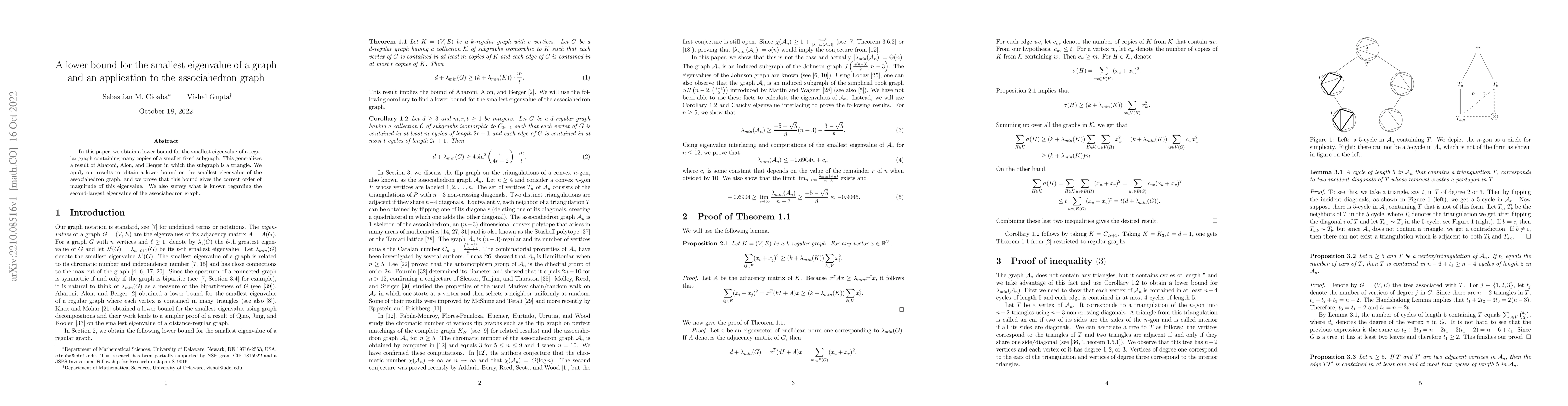 Thumbnail for A lower bound for the smallest eigenvalue of a graph and an application
  to the associahedron graph