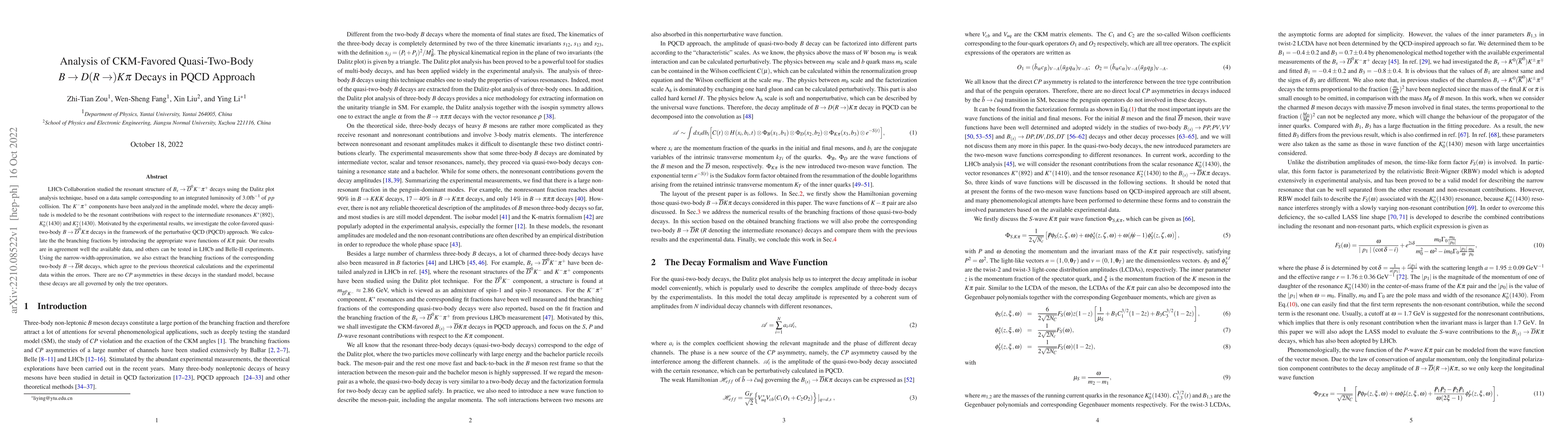 Thumbnail for Analysis of CKM-Favored Quasi-Two-Body $B \to D (R\to) K \pi$ Decays in
  PQCD Approach