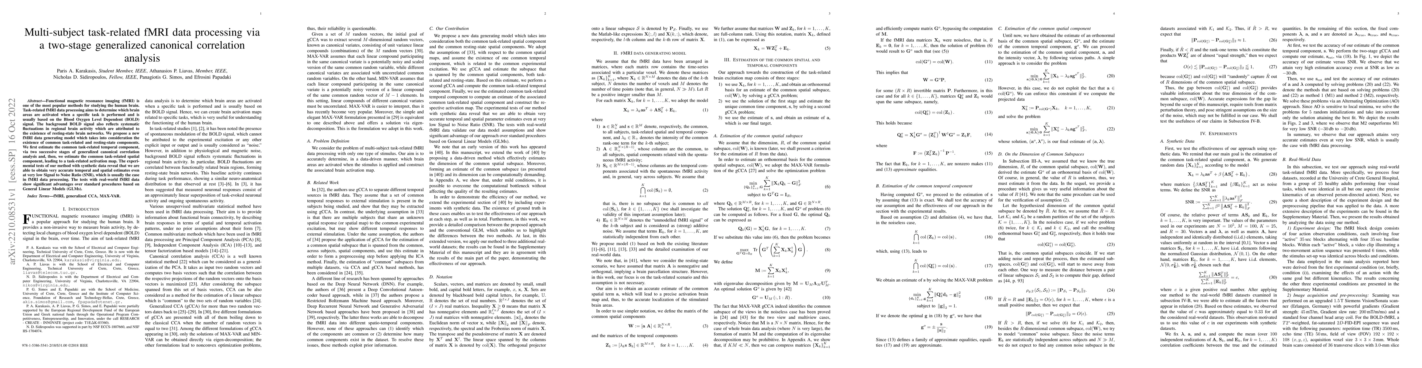 Thumbnail for Multisubject Task-Related fMRI Data Processing via a Two-Stage
  Generalized Canonical Correlation Analysis