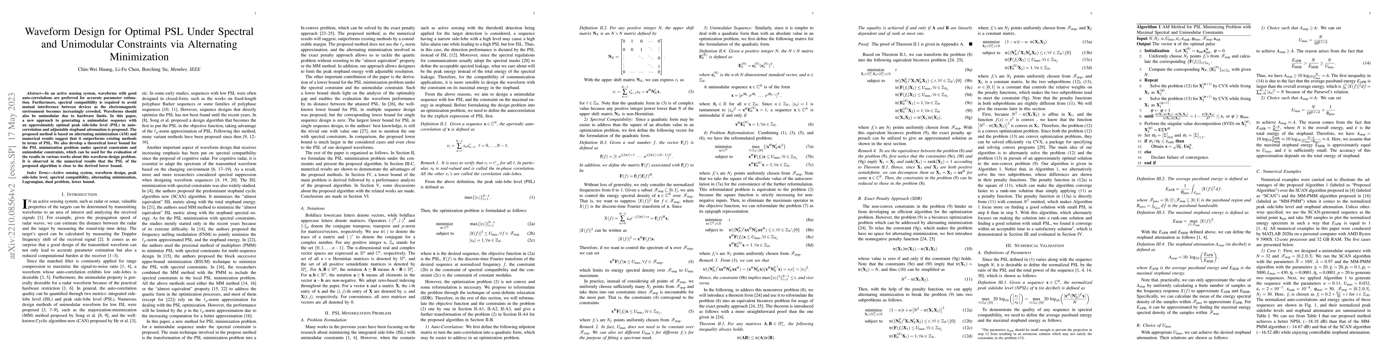 Thumbnail for Waveform Design for Optimal PSL Under Spectral and Unimodular
  Constraints via Alternating Minimization