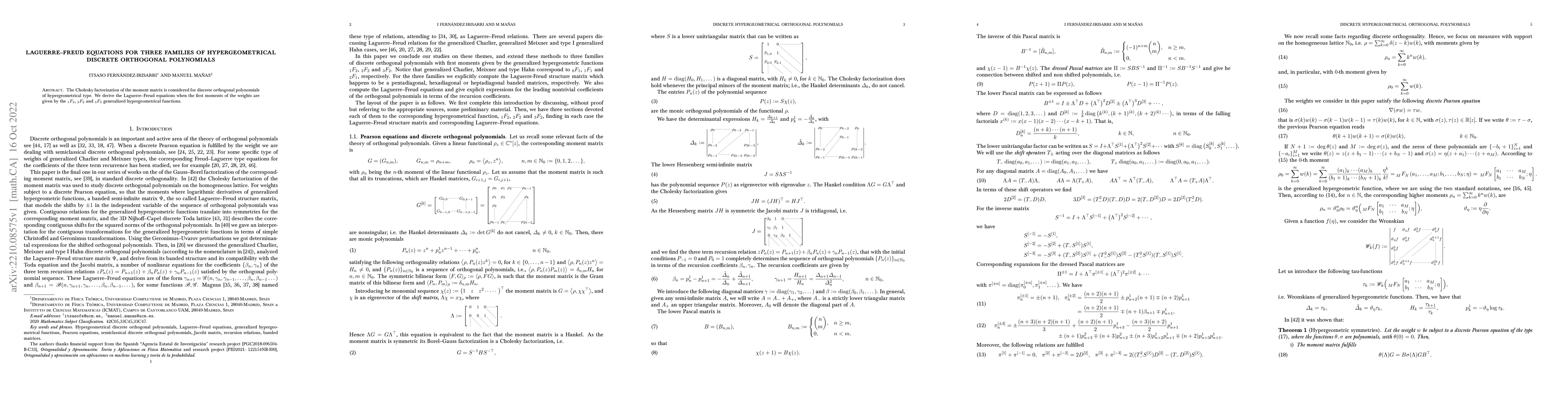 Thumbnail for Laguerre-Freud Equations for three families of hypergeometrical discrete
  orthogonal polynomials