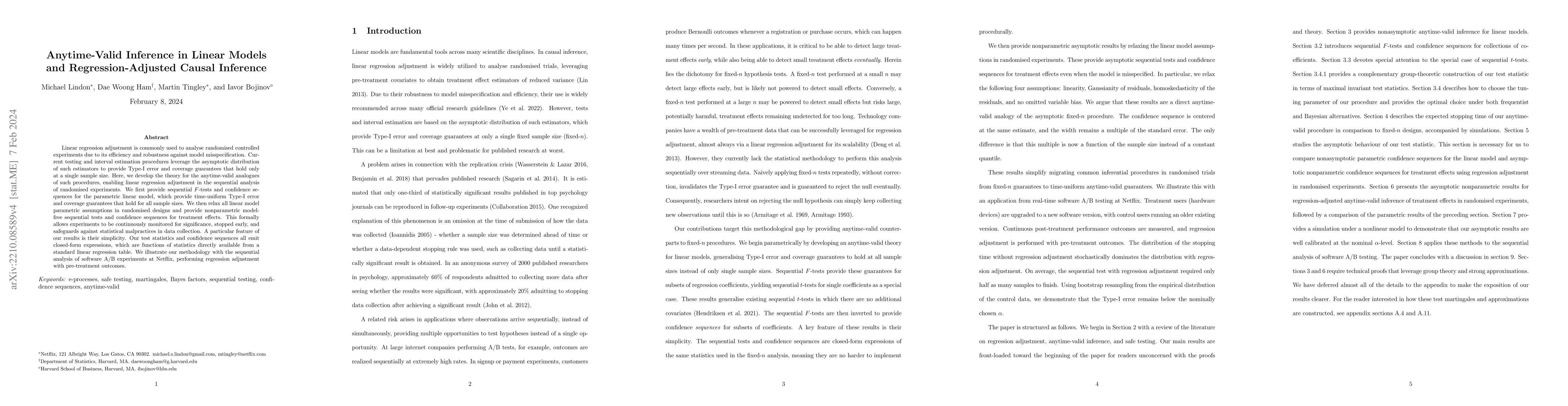 Thumbnail for Anytime-Valid Linear Models and Regression Adjusted Causal Inference in
  Randomized Experiments