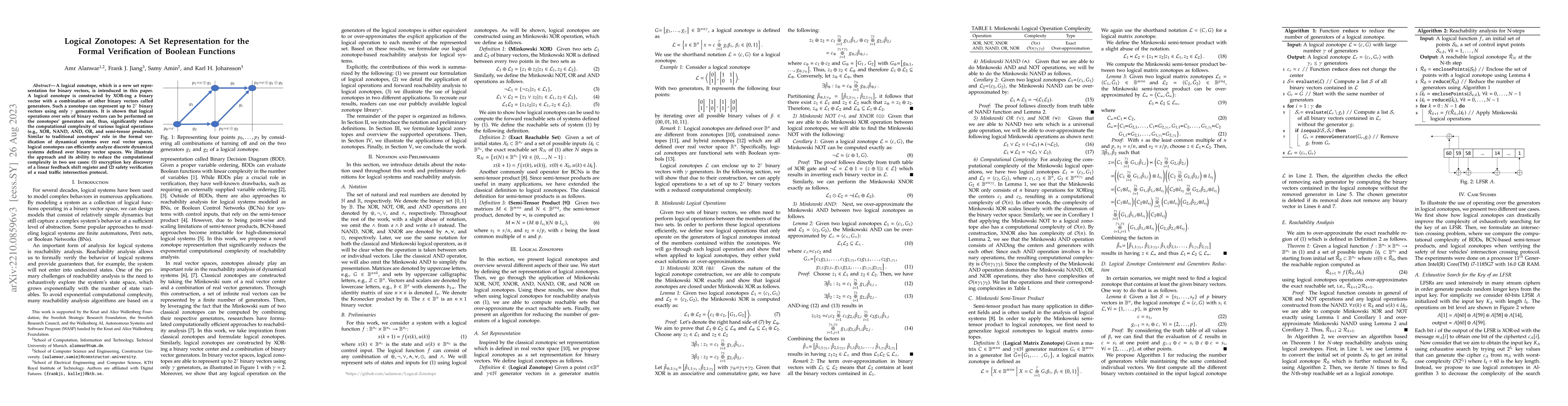 Thumbnail for Logical Zonotopes: A Set Representation for the Formal Verification of
  Boolean Functions