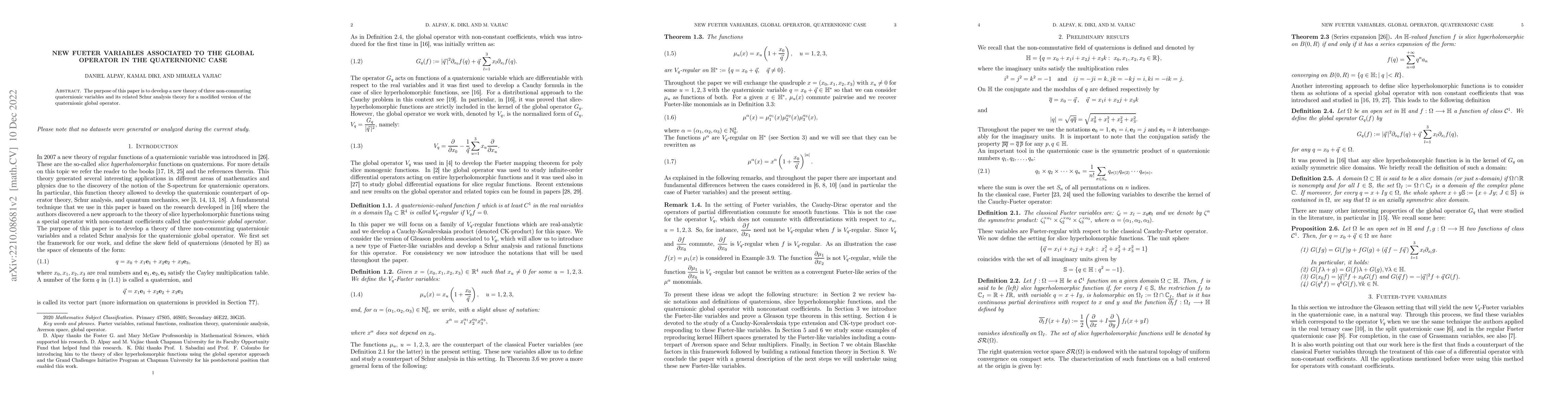 Thumbnail for New Fueter Variables Associated to the Global Operator in the
  Quaternionic Case