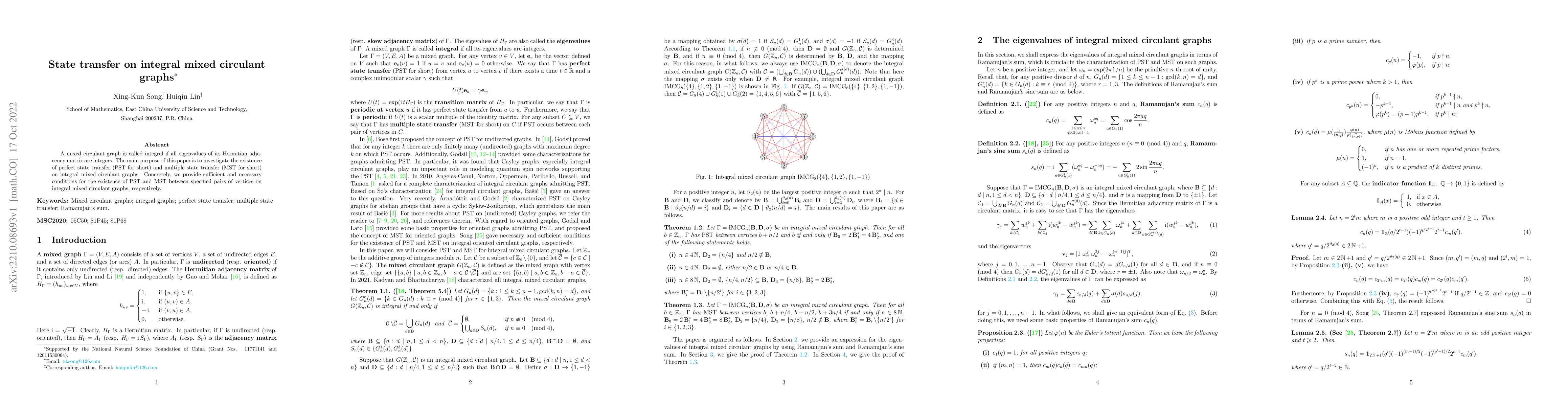 Thumbnail for State transfer on integral mixed circulant graphs