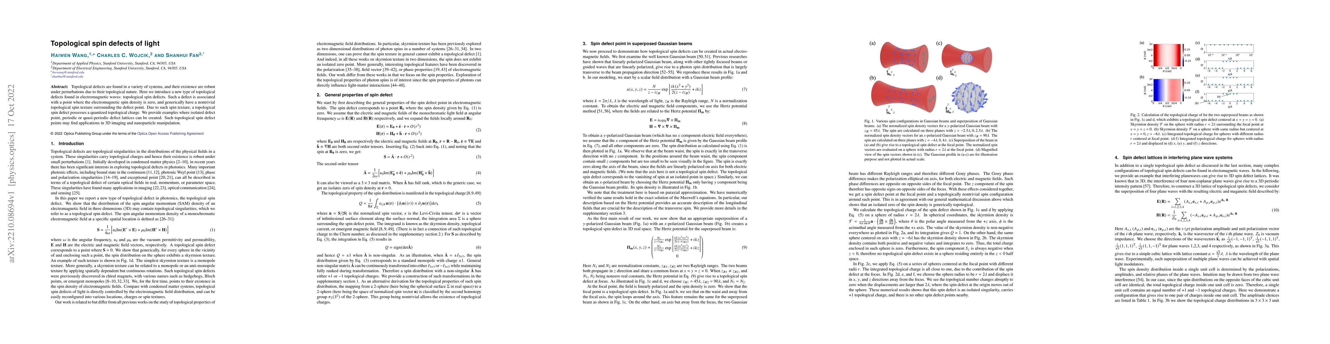 Thumbnail for Topological spin defects of light