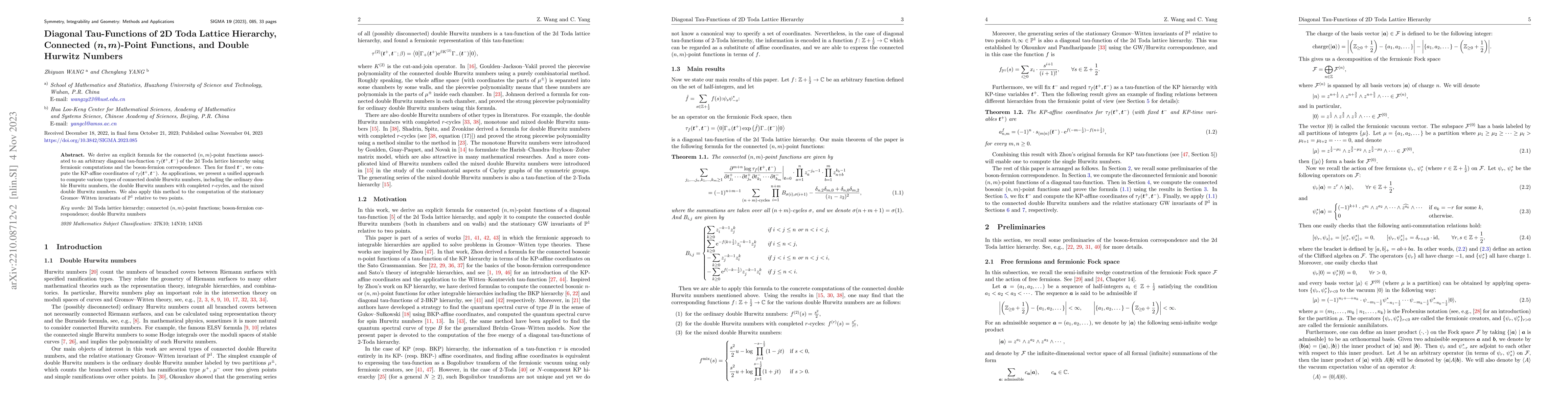 Thumbnail for Diagonal Tau-Functions of 2D Toda Lattice Hierarchy, Connected
  $(n,m)$-Point Functions, and Double Hurwitz Numbers