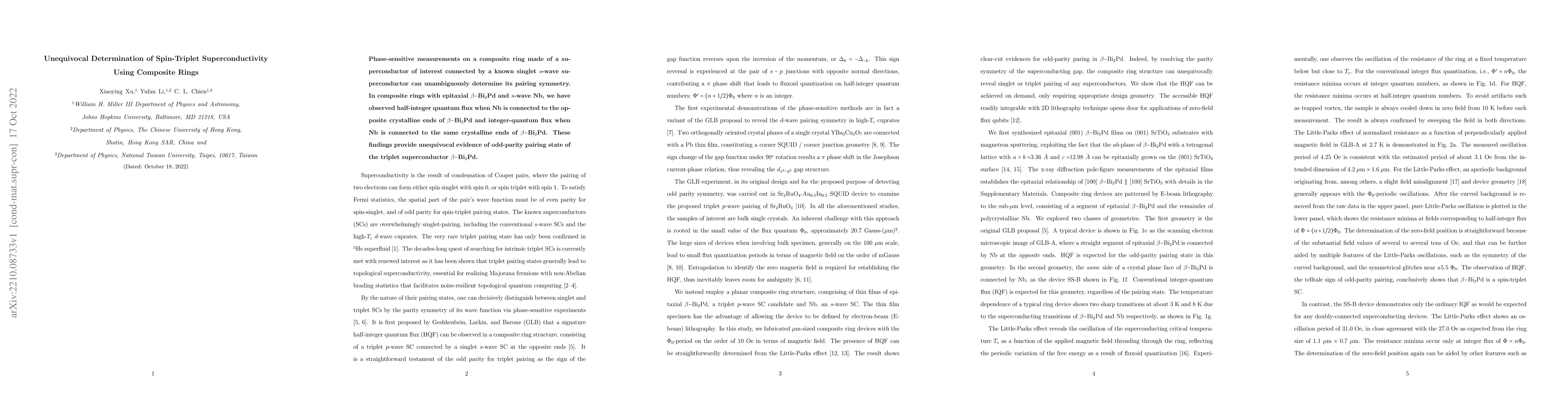 Thumbnail for Unequivocal Determination of Spin-Triplet Superconductivity Using
  Composite Rings