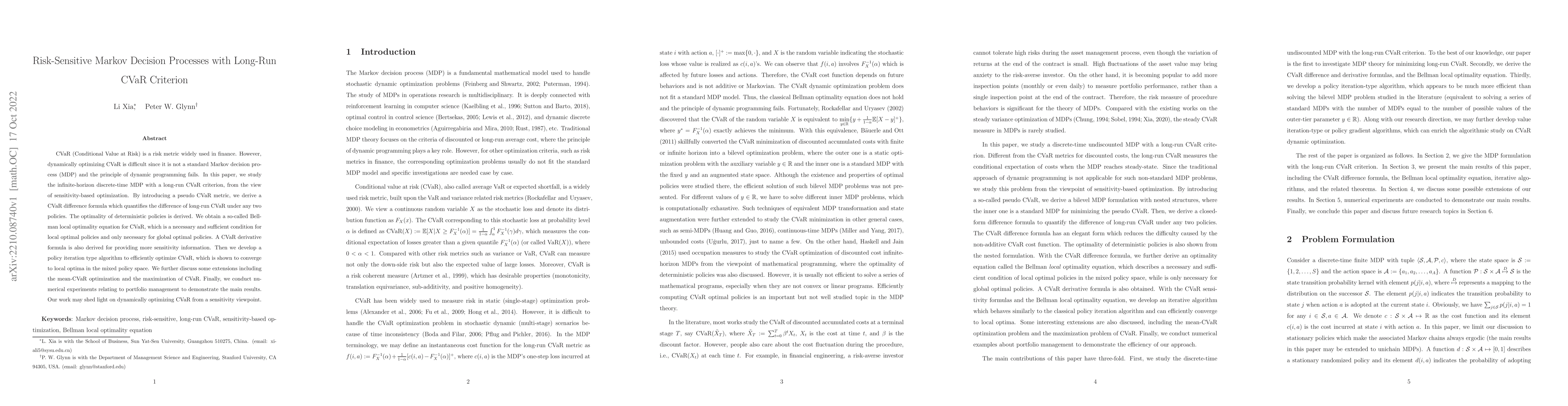 Thumbnail for Risk-Sensitive Markov Decision Processes with Long-Run CVaR Criterion