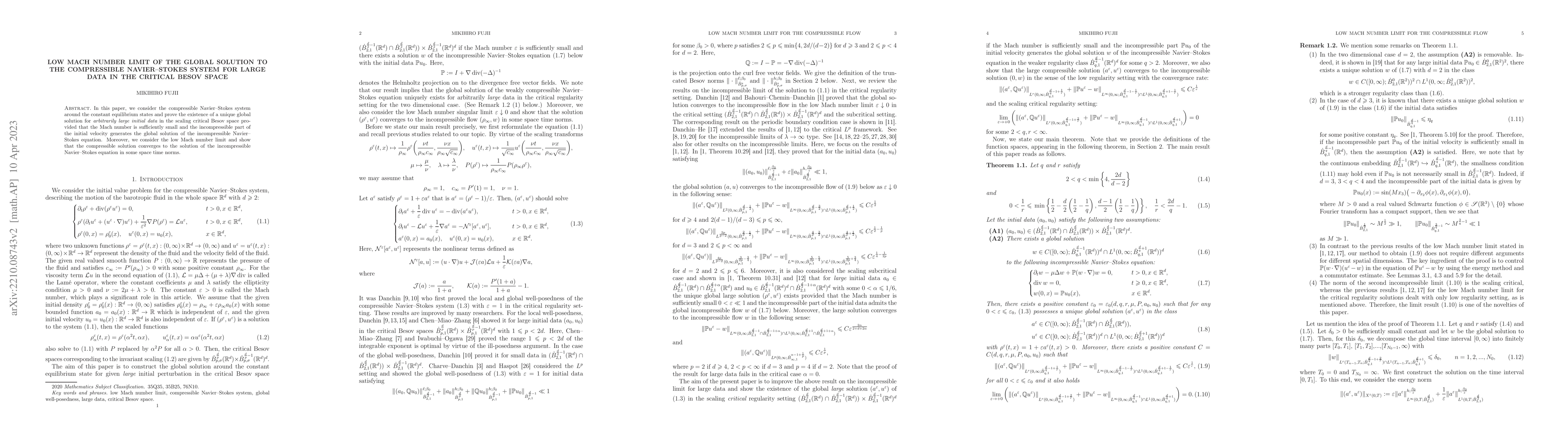 Thumbnail for Low Mach number limit of the global solution to the compressible
  Navier-Stokes system for large data in the critical Besov space