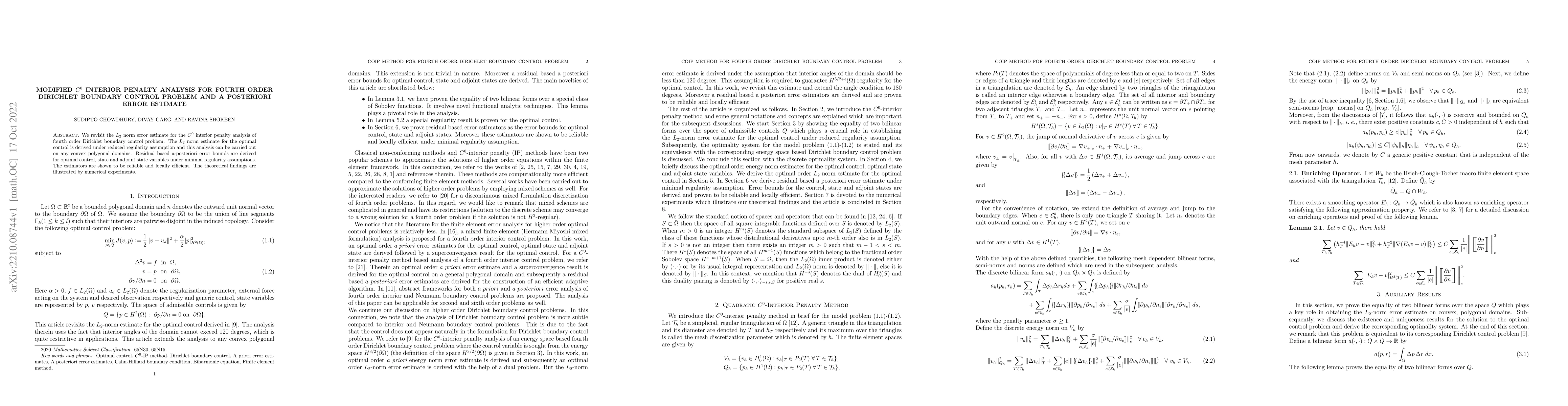 Thumbnail for Modified C0 interior penalty analysis for fourth order Dirichlet
  boundary control problem and a posteriori error estimate