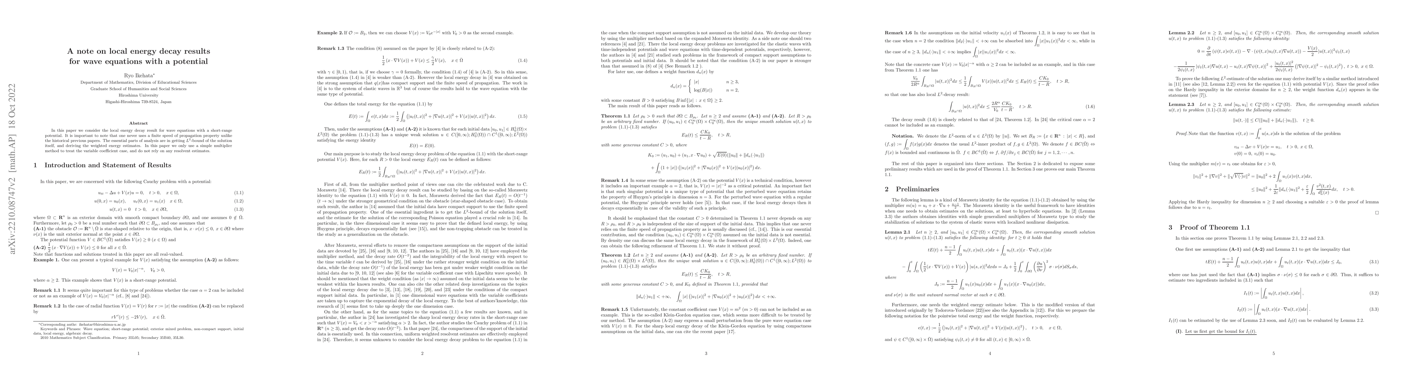 Thumbnail for A note on local energy decay results for wave equations with a potential