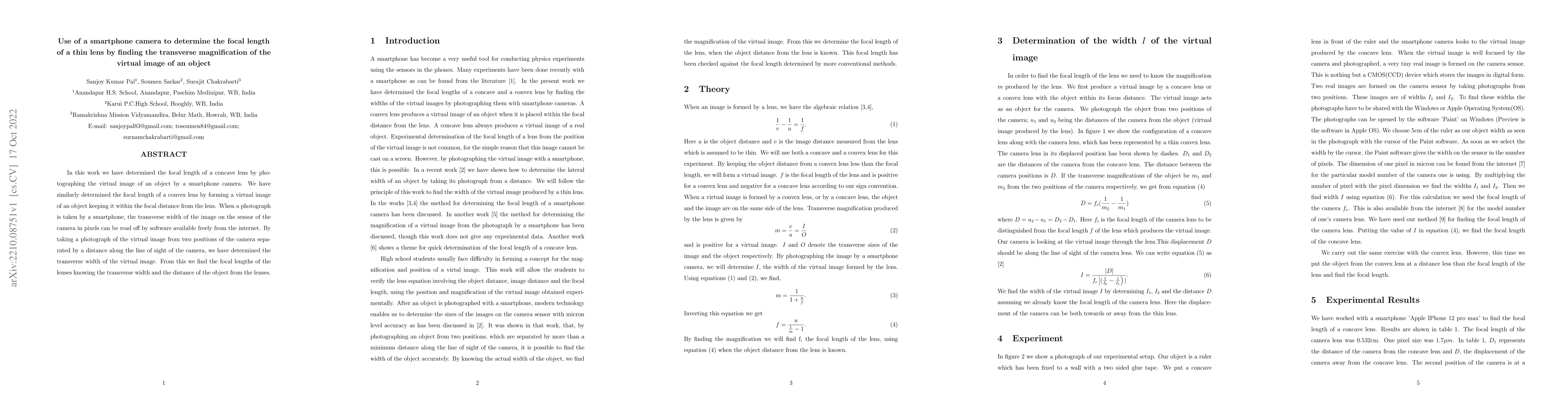 Thumbnail for Use of a smartphone camera to determine the focal length of a thin lens
  by finding the transverse magnification of the virtual image of an object