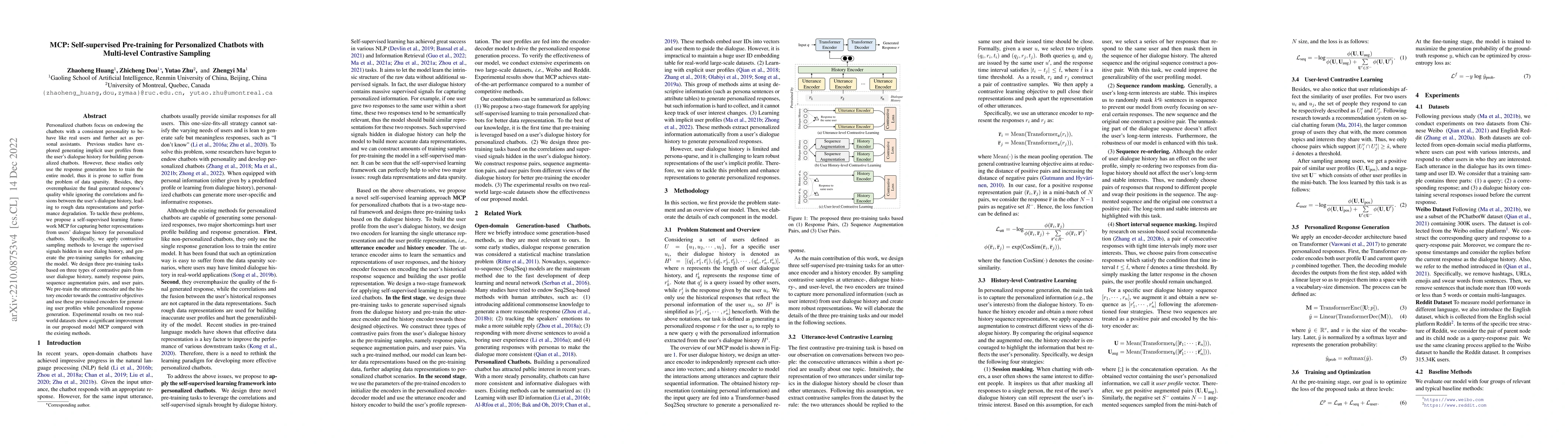 Thumbnail for MCP: Self-supervised Pre-training for Personalized Chatbots with
  Multi-level Contrastive Sampling