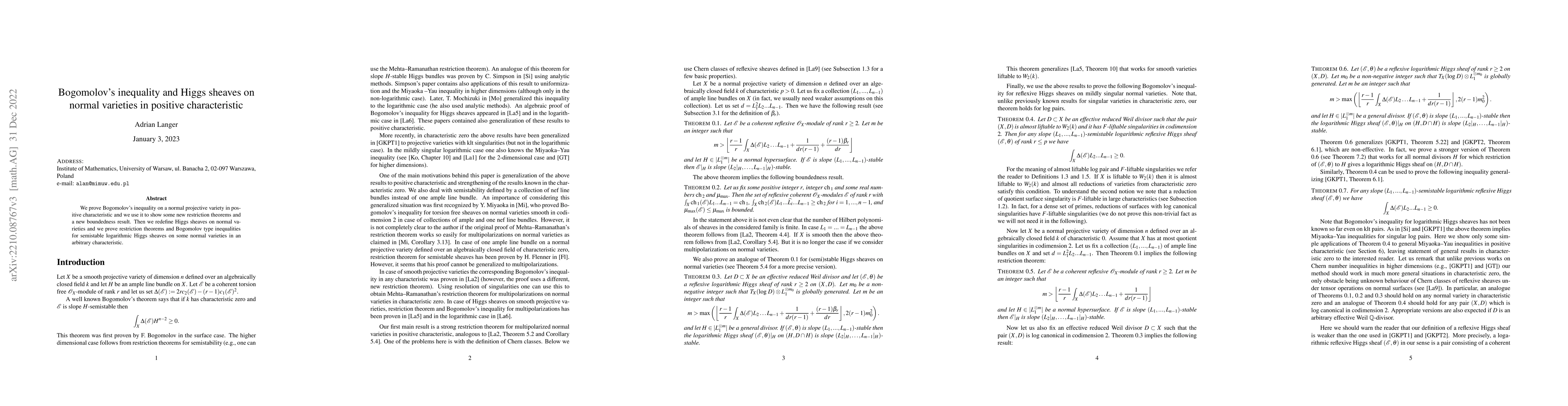 Thumbnail for Bogomolov's inequality and Higgs sheaves on normal varieties in positive
  characteristic
