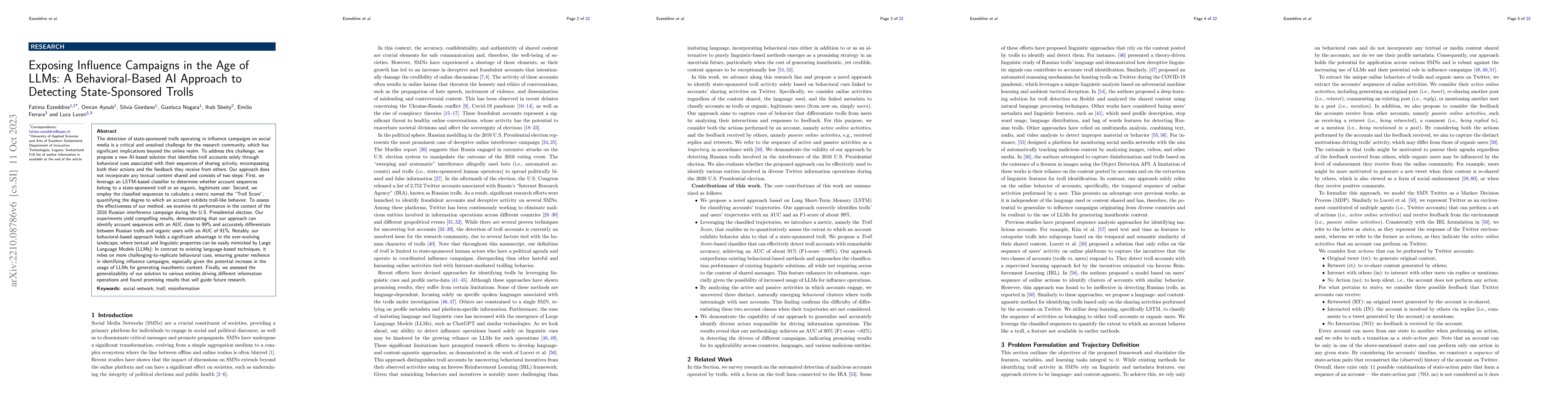 Thumbnail for Exposing Influence Campaigns in the Age of LLMs: A Behavioral-Based AI
  Approach to Detecting State-Sponsored Trolls