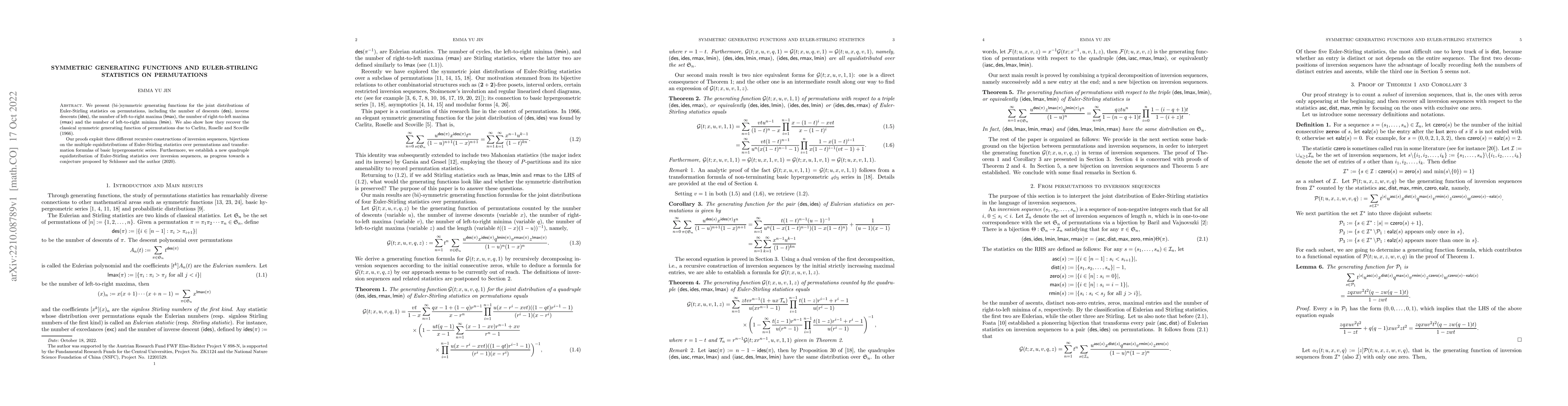 Thumbnail for Symmetric generating functions and Euler-Stirling statistics on
  permutations