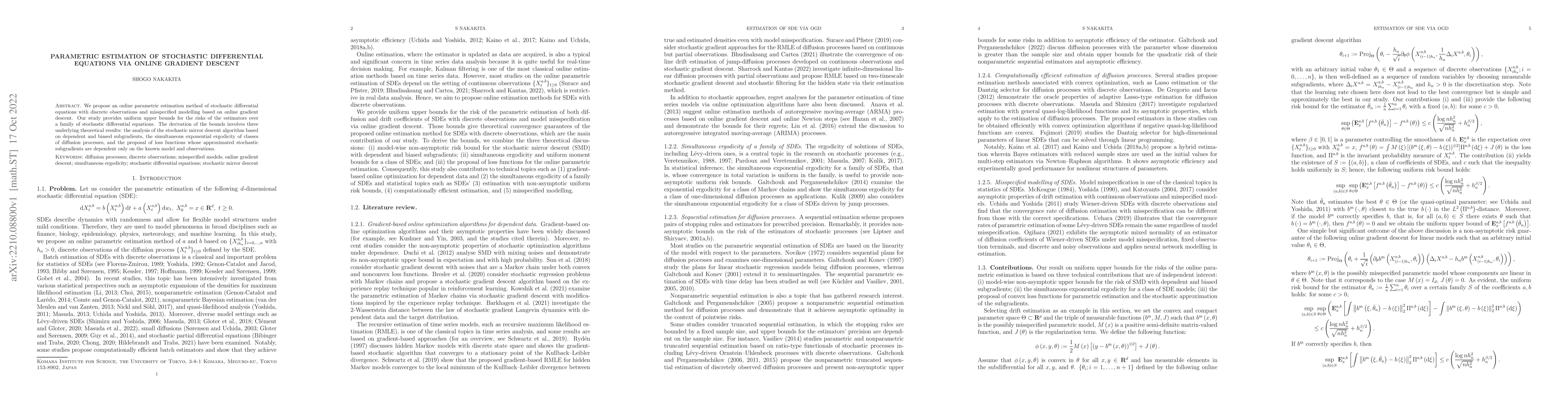Thumbnail for Parametric estimation of stochastic differential equations via online
  gradient descent