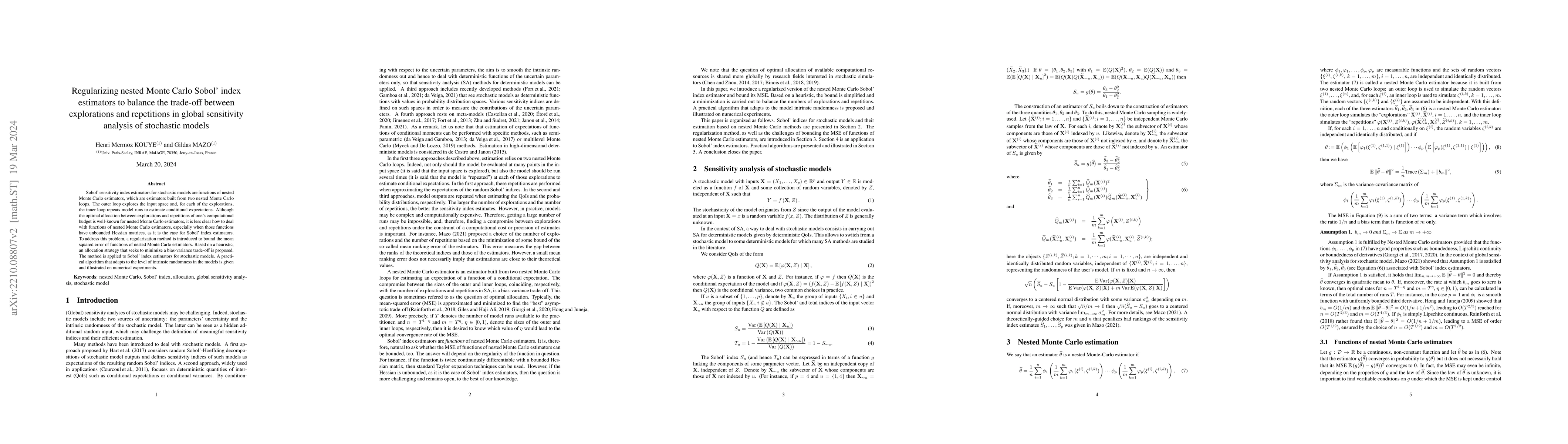 Thumbnail for Regularizing nested Monte Carlo Sobol' index estimators to balance the
  trade-off between explorations and repetitions in global sensitivity analysis
  of stochastic models