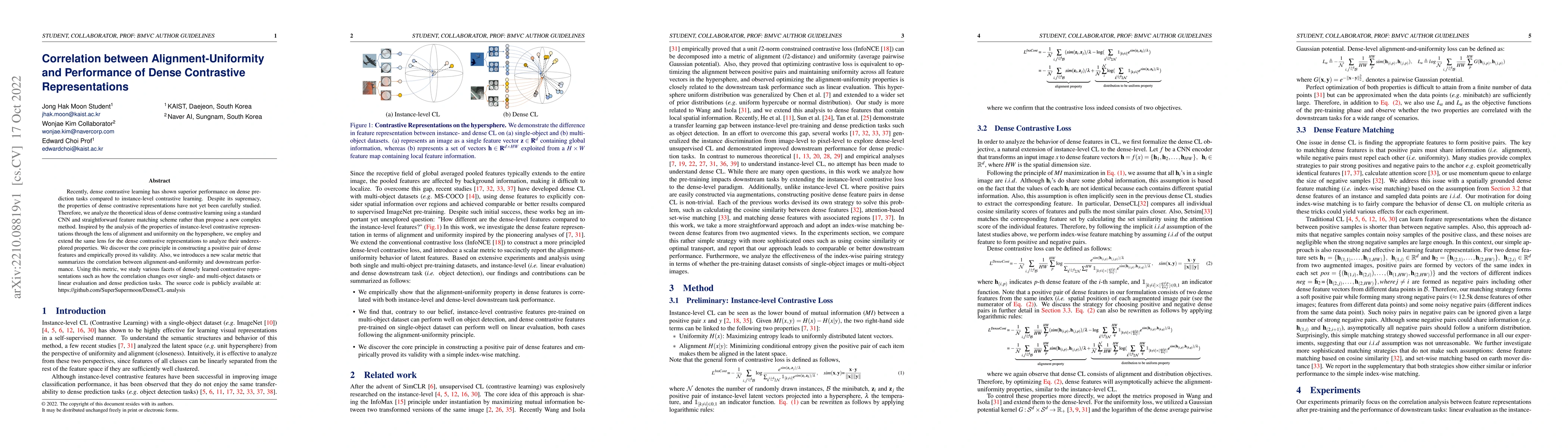 Thumbnail for Correlation between Alignment-Uniformity and Performance of Dense
  Contrastive Representations
