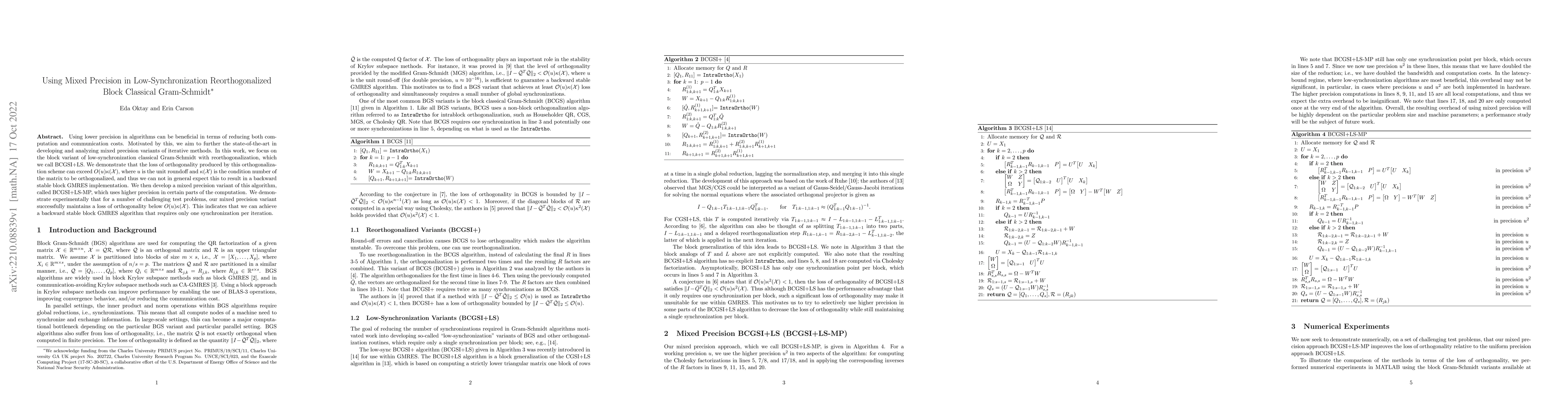Thumbnail for Using Mixed Precision in Low-Synchronization Reorthogonalized Block
  Classical Gram-Schmidt