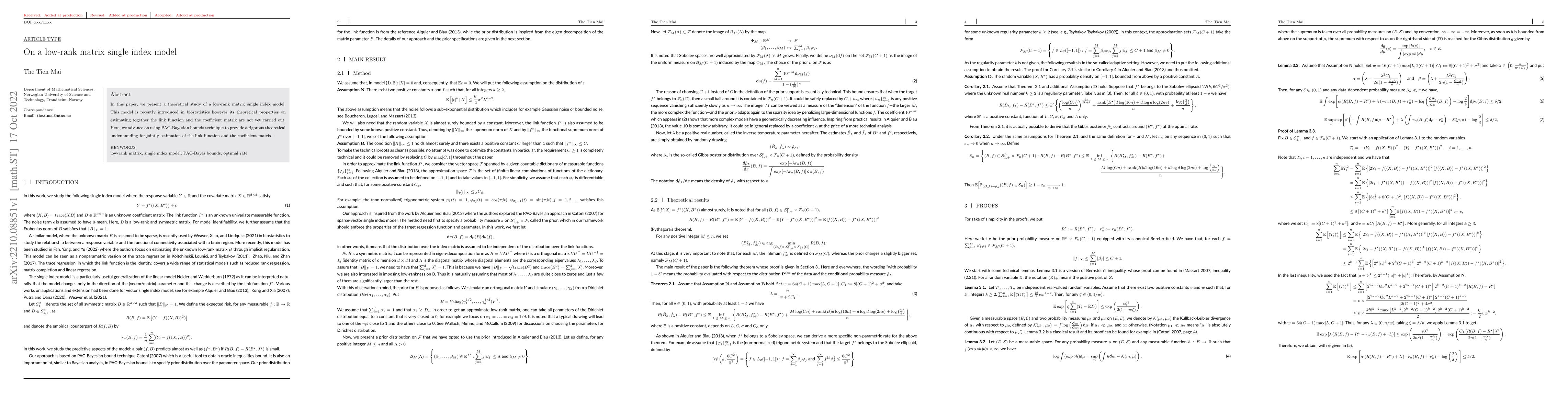 Thumbnail for On a low-rank matrix single index model