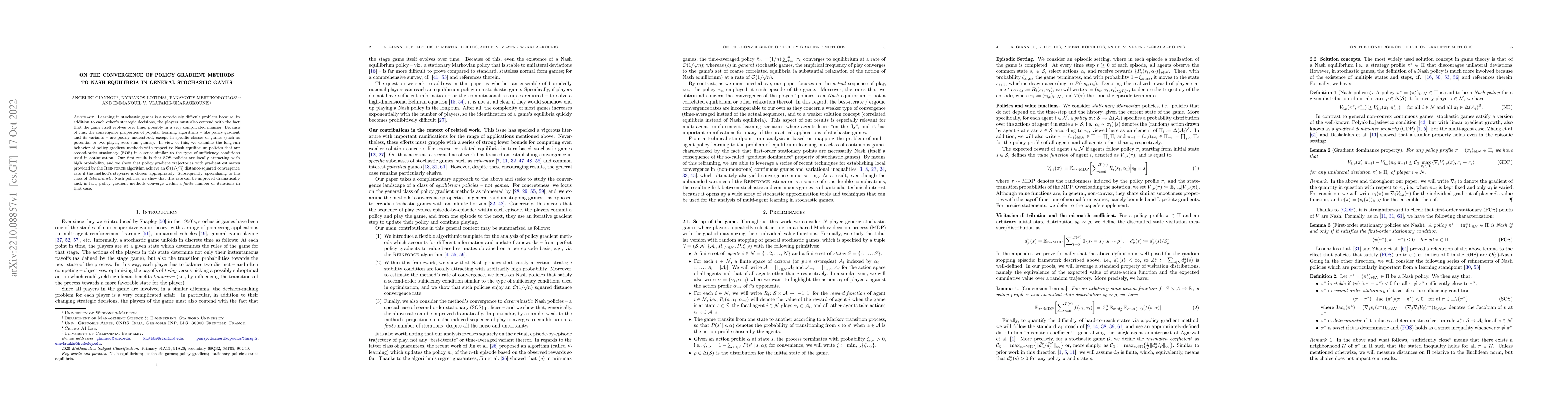 Thumbnail for On the convergence of policy gradient methods to Nash equilibria in
  general stochastic games