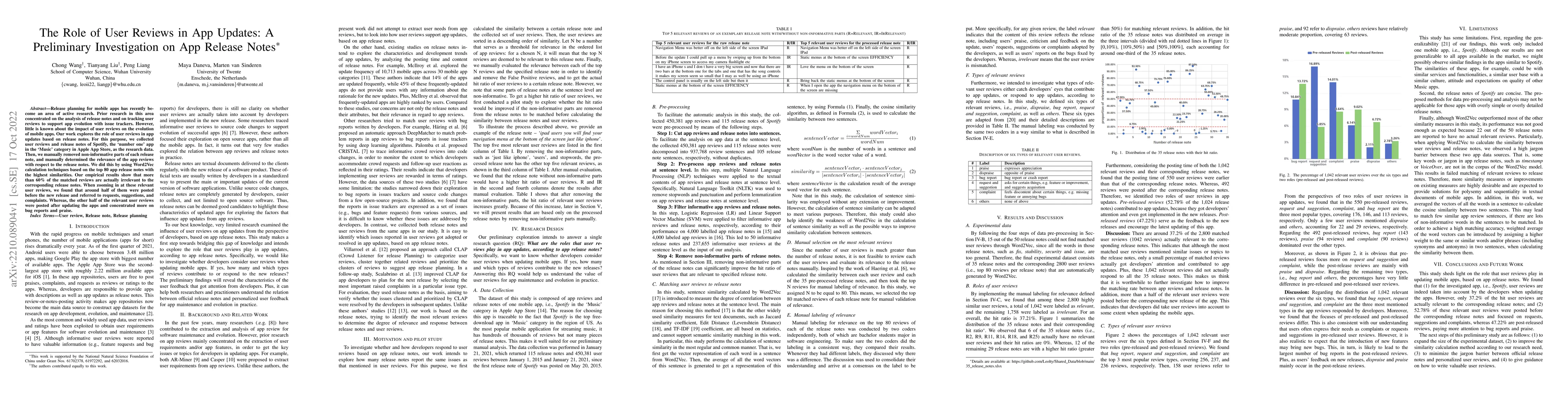 Thumbnail for The Role of User Reviews in App Updates: A Preliminary Investigation on
  App Release Notes