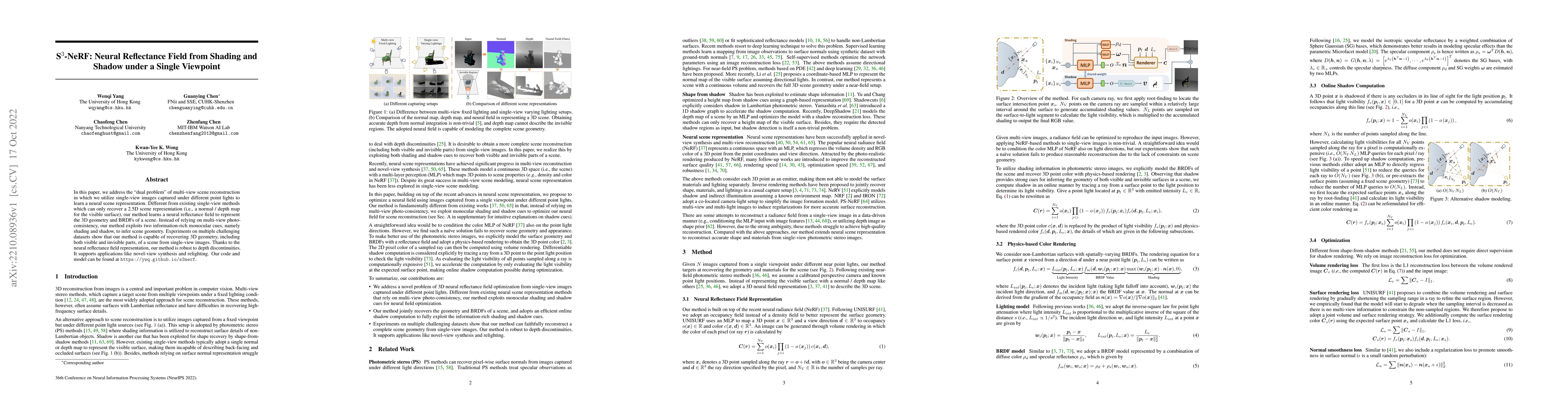 Thumbnail for S$^3$-NeRF: Neural Reflectance Field from Shading and Shadow under a
  Single Viewpoint
