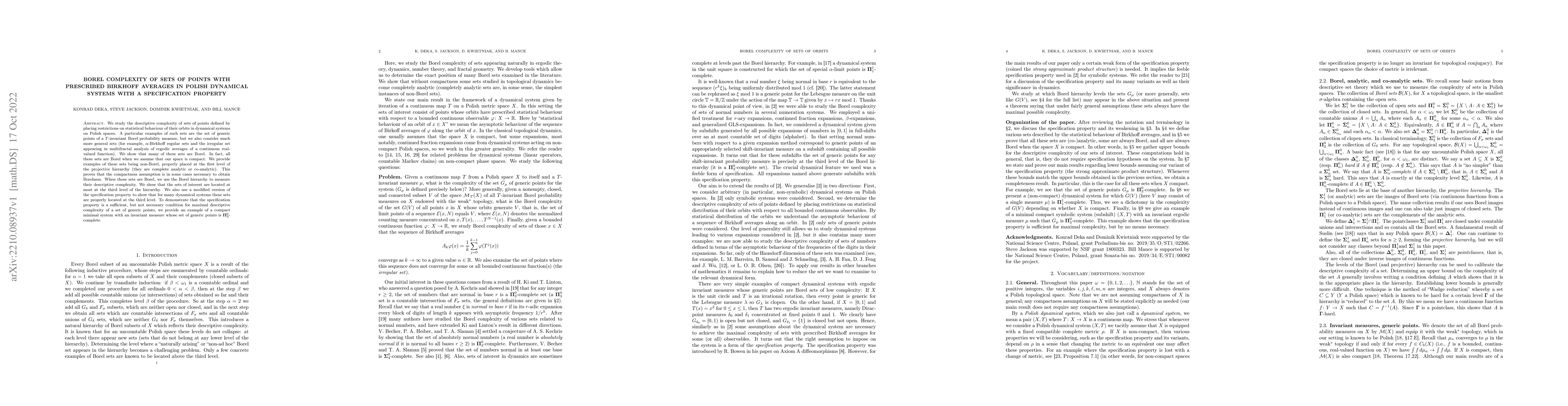 Thumbnail for Borel complexity of sets of points with prescribed Birkhoff averages in
  Polish dynamical systems with a specification property