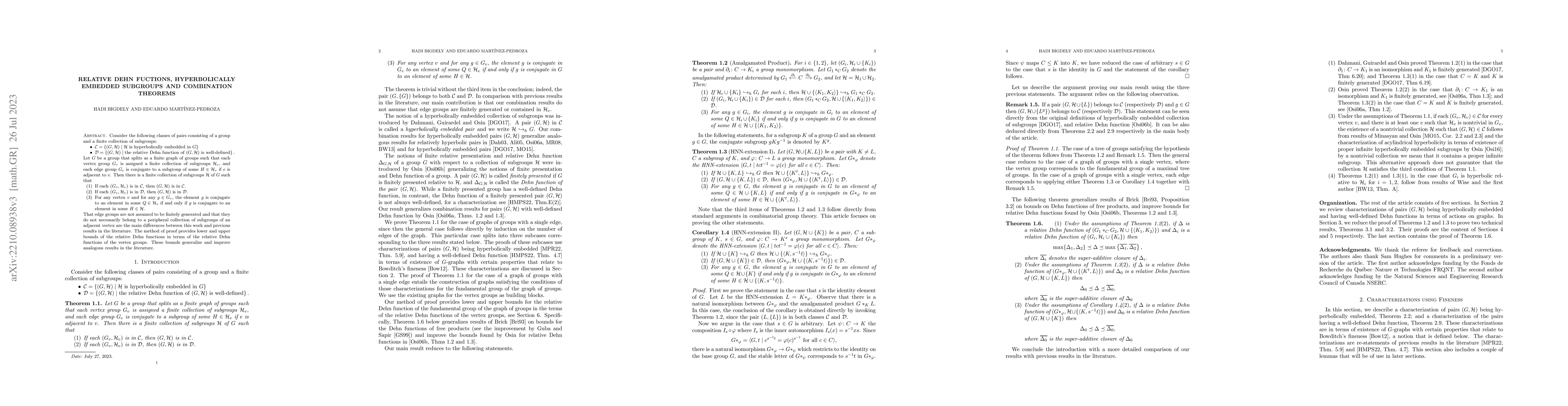 Thumbnail for Relative Dehn fuctions, hyperbolically embedded subgroups and
  combination theorems