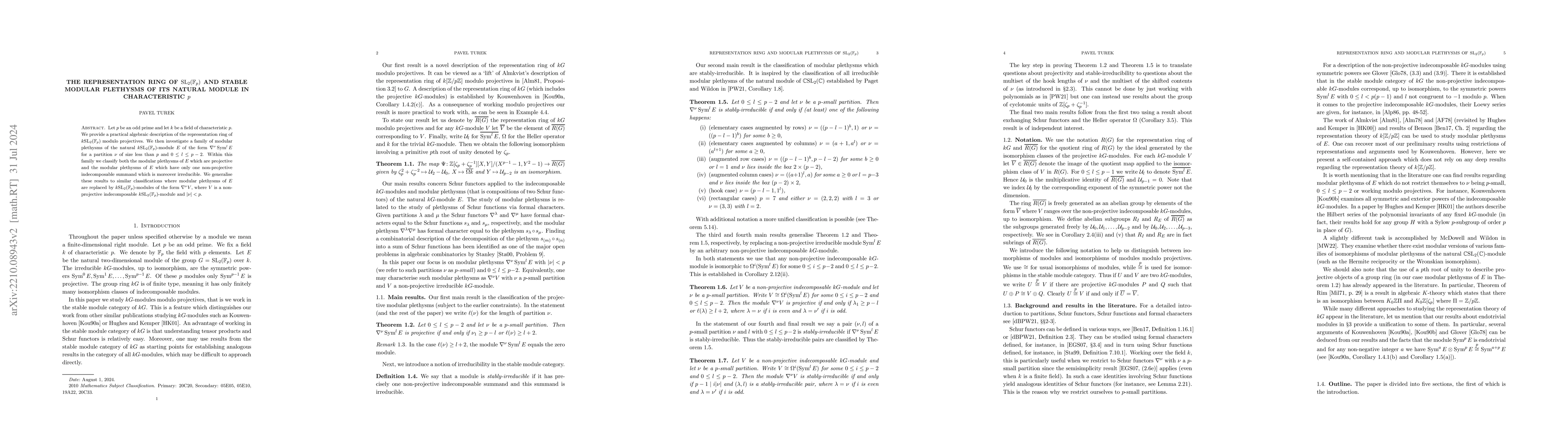 Thumbnail for The representation ring of $\mathrm{SL}_2(\mathbb{F}_p)$ and stable
  modular plethysms of its natural module in characteristic $p$