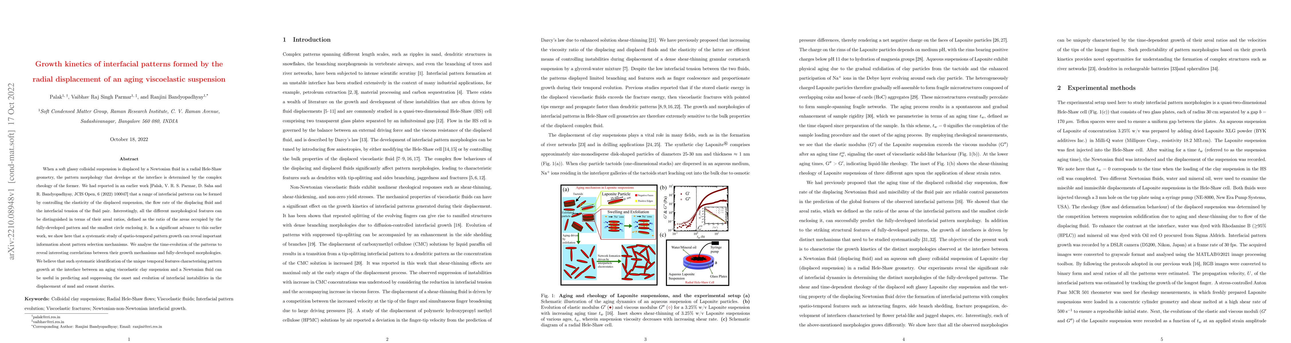 Thumbnail for Growth kinetics of interfacial patterns formed by the radial
  displacement of an aging viscoelastic suspension