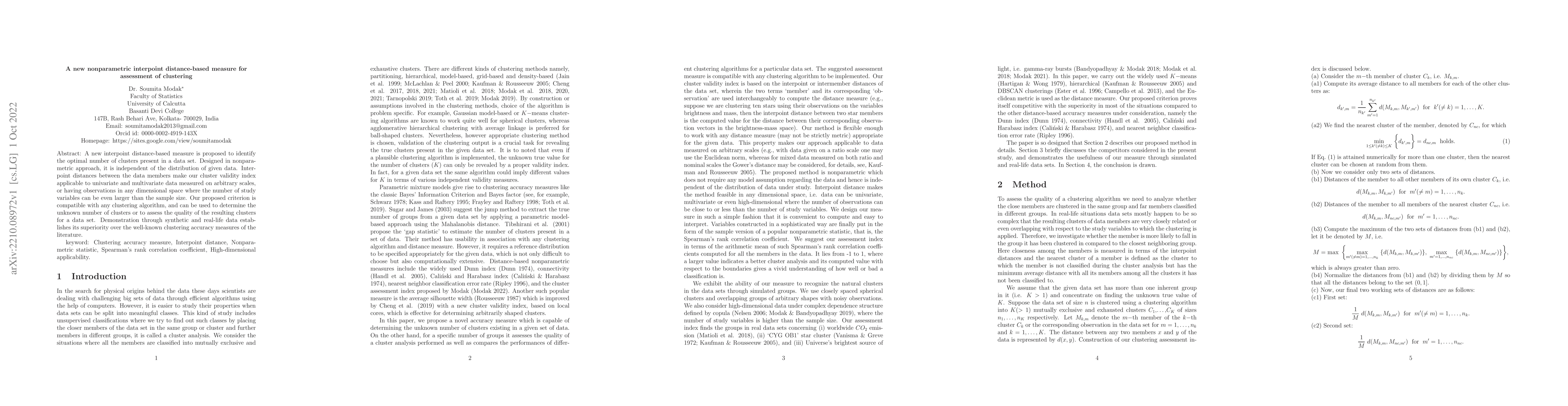 Thumbnail for A new nonparametric interpoint distance-based measure for assessment of
  clustering