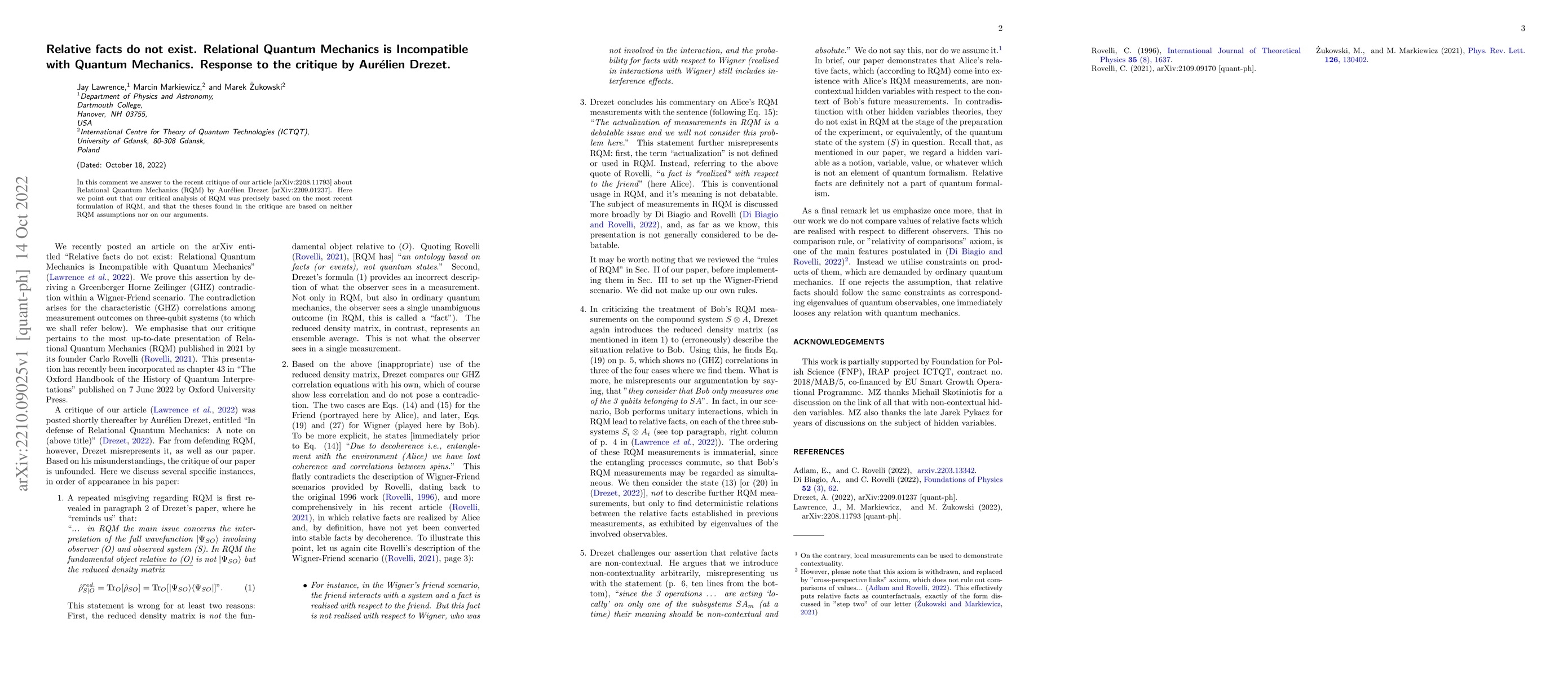 Thumbnail for Relative facts do not exist. Relational Quantum Mechanics is
  Incompatible with Quantum Mechanics. Response to the critique by Aur\'elien
  Drezet