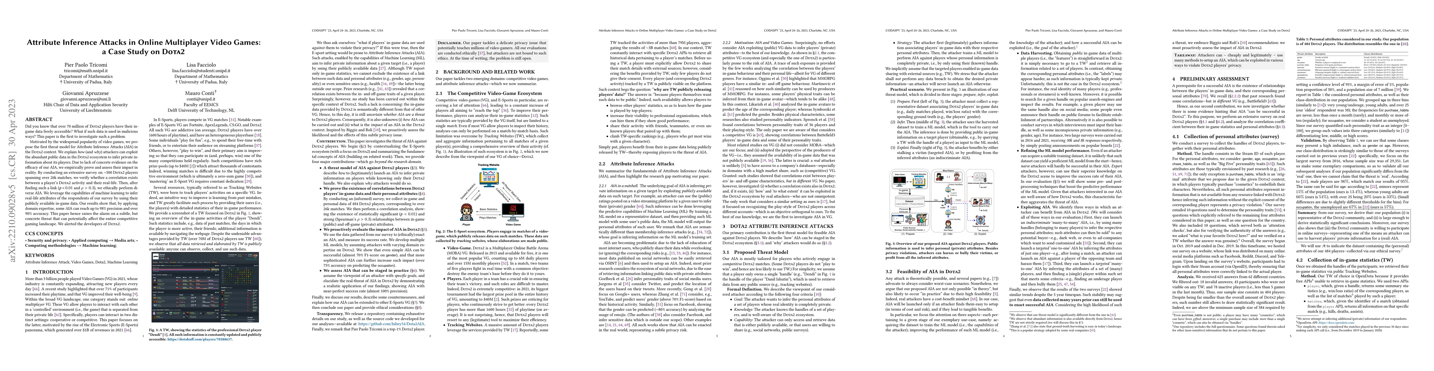 Thumbnail for Attribute Inference Attacks in Online Multiplayer Video Games: a Case
  Study on Dota2