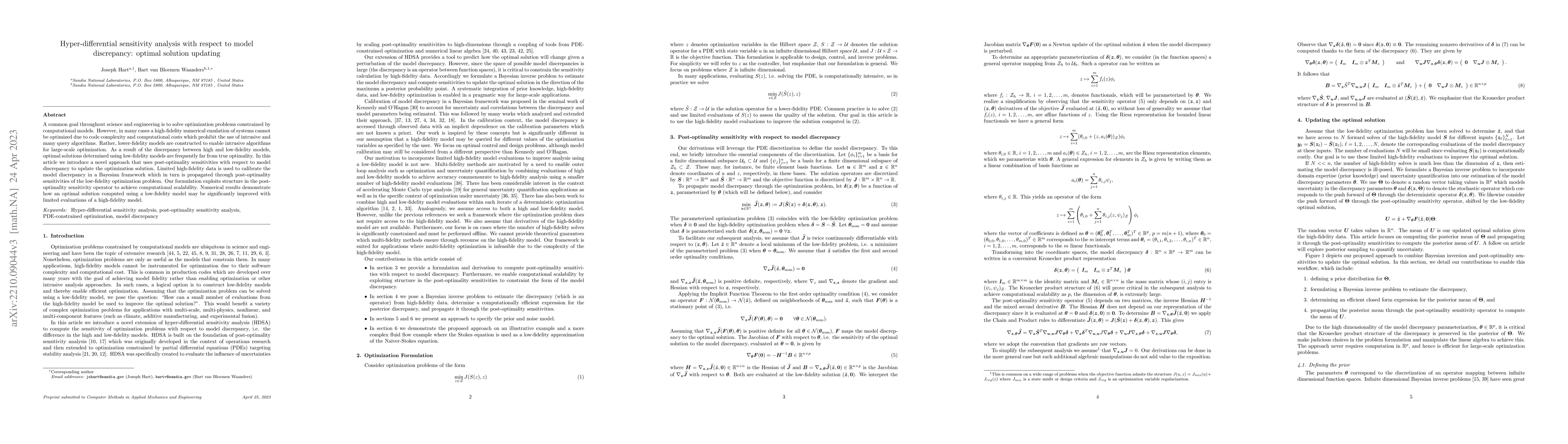 Thumbnail for Hyper-differential sensitivity analysis with respect to model
  discrepancy: Optimal solution updating