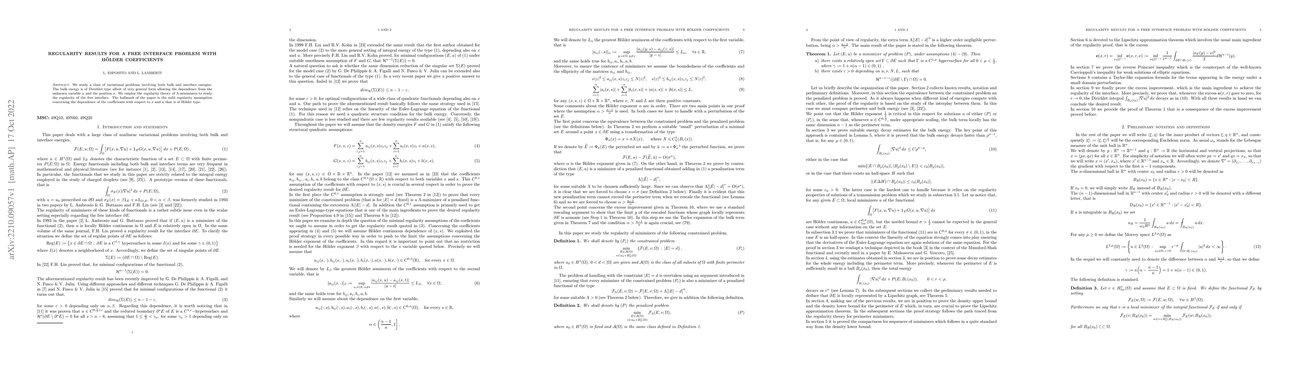 Thumbnail for Regularity Results for a free interface problem with H\"{o}lder
  coefficients