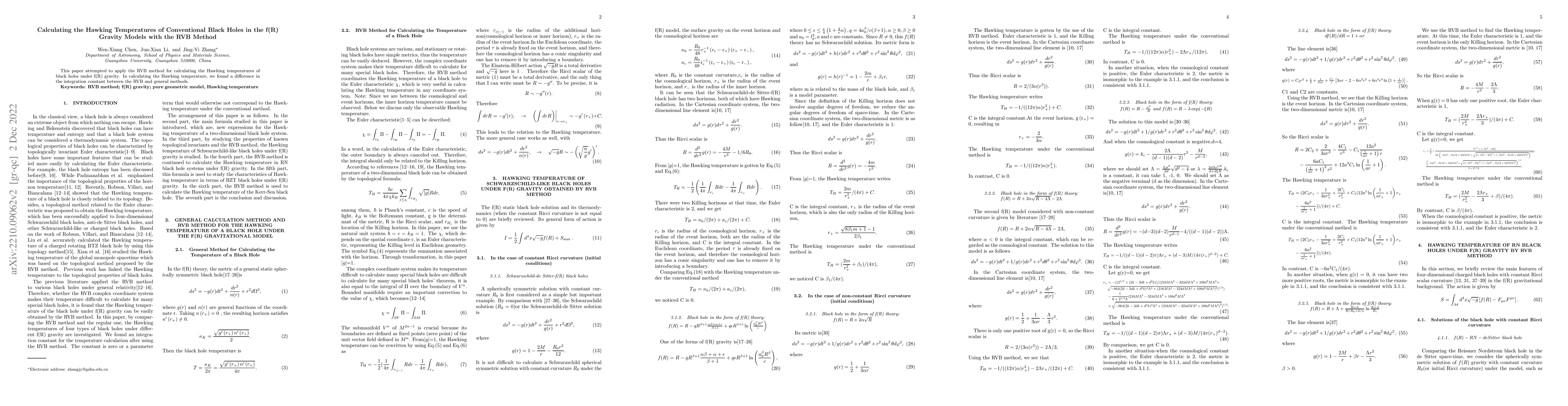 Thumbnail for Calculating the Hawking Temperatures of Conventional Black Holes in the
  f(R) Gravity Models with the RVB Method