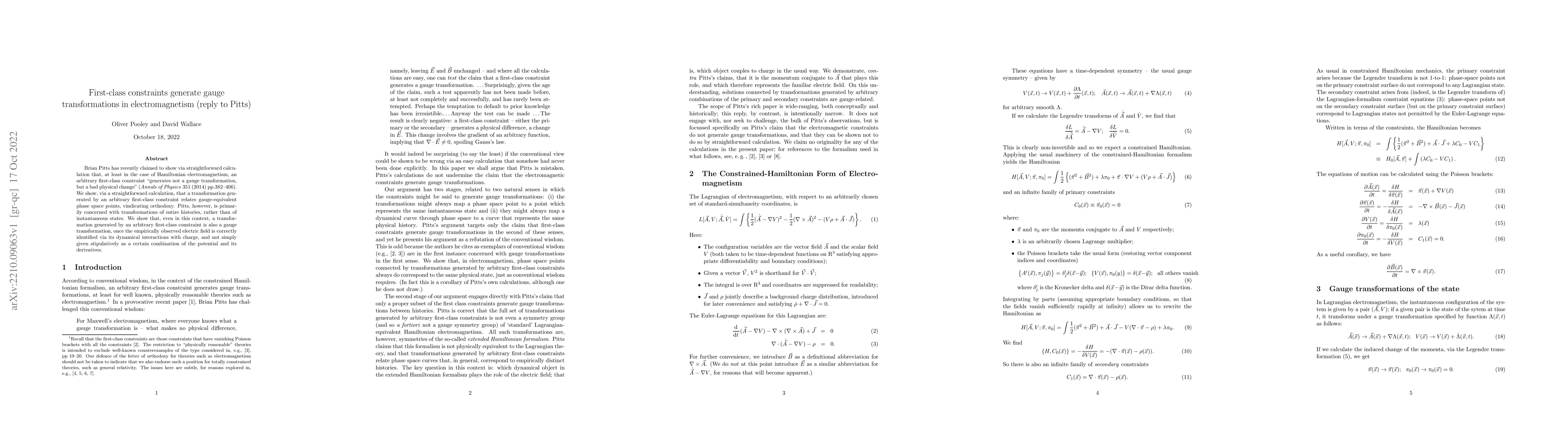 Thumbnail for First-class constraints generate gauge transformations in
  electromagnetism (reply to Pitts)