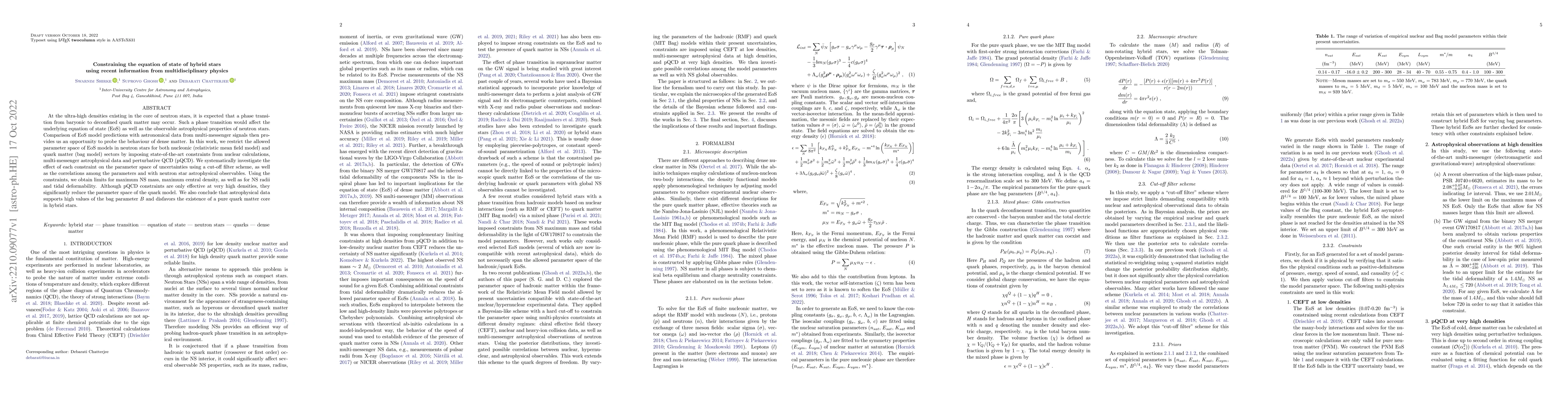 Thumbnail for Constraining the equation of state of hybrid stars using recent
  information from multidisciplinary physics