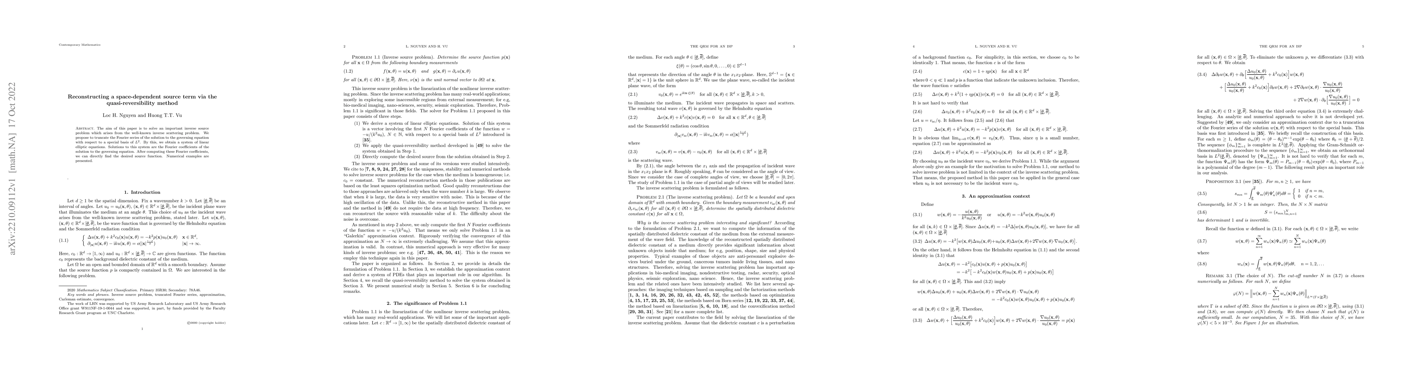 Thumbnail for Reconstructing a space-dependent source term via the quasi-reversibility
  method